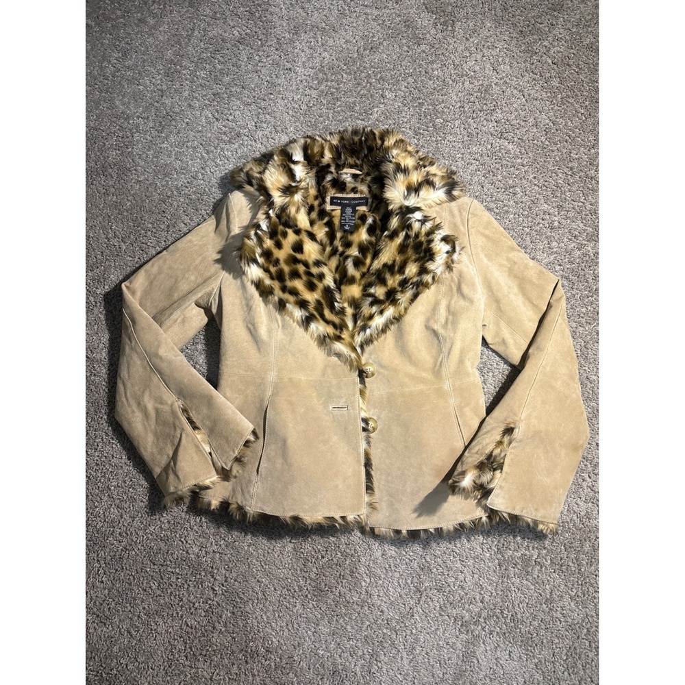 Y2K New York & Company Tan Suede Leather Jacket Leopard Faux Fur Trim Small